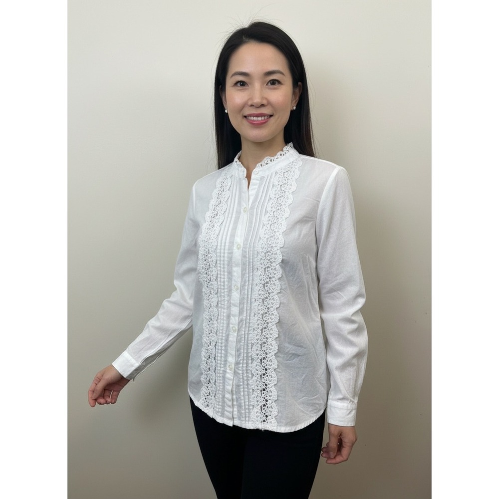 White Lace Pintuck Button Down Blouse Mandarin‎ Collar Long Sleeve M